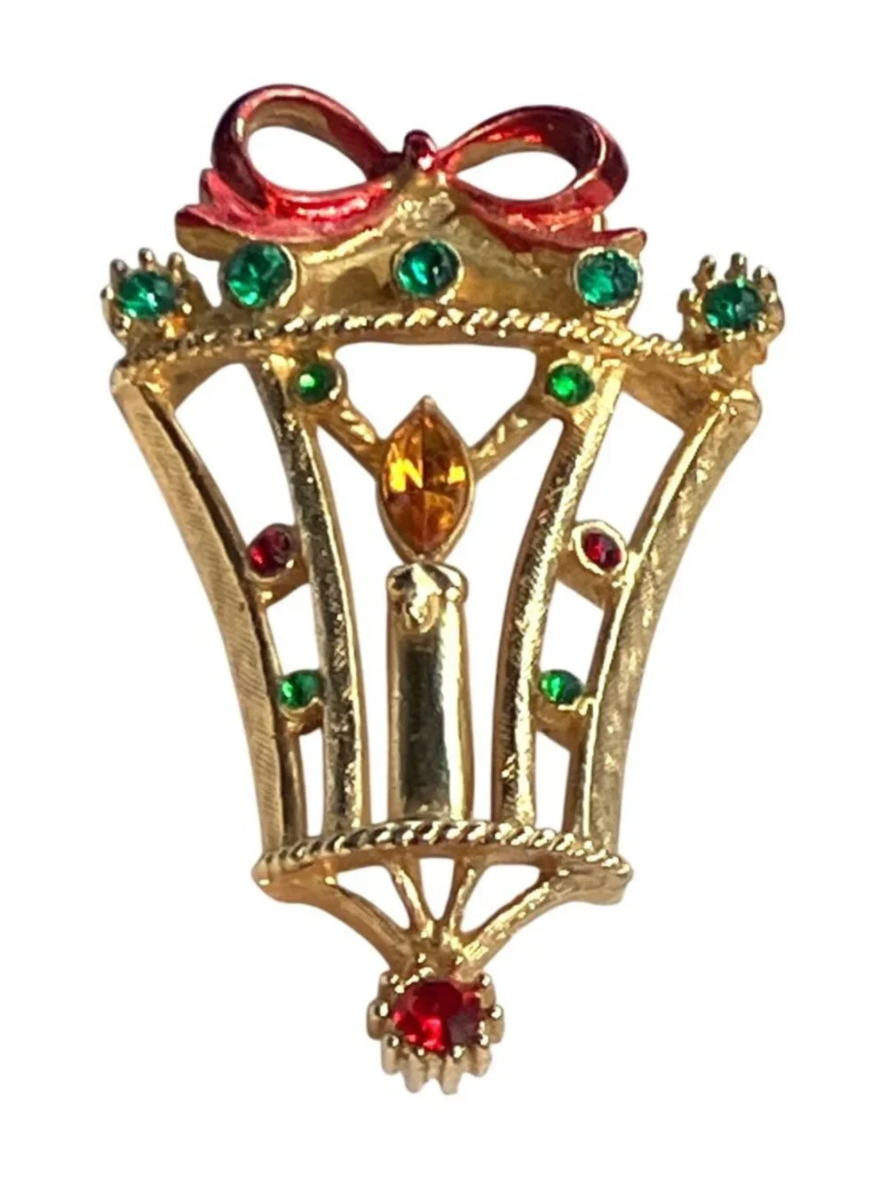 Gold-Tone Christmas Candle Lantern Brooch Pin Signed B.J. Vintage